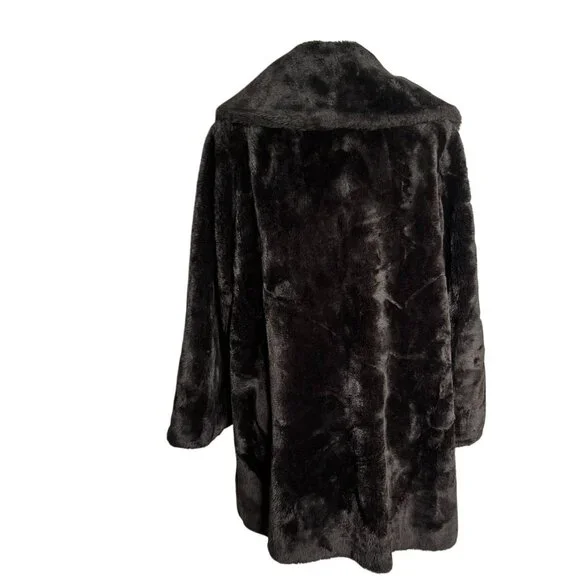 Vintage 70s Double Breasted Faux Fur Coat Large Buttons Pockets Orange Lining - Picture 5 of 10